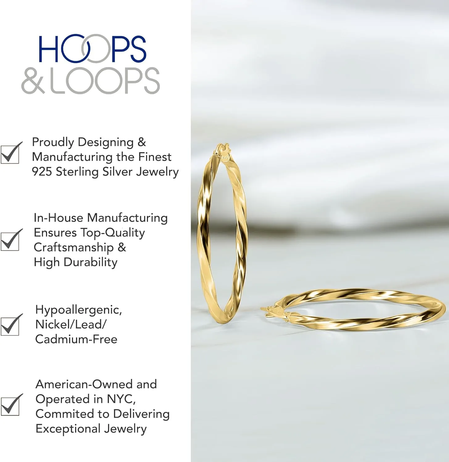 Hoops & Loops 925 Sterling Silver Hoop Earrings for Women, 14K Gold, Rose Gold Plated, Black Twisted Click-Top Round Hoop Earrings for Women, Hypoallergenic, Lightweight, High Polished Twist Design Hoops 15/20/25/30/35/40/50/60mm