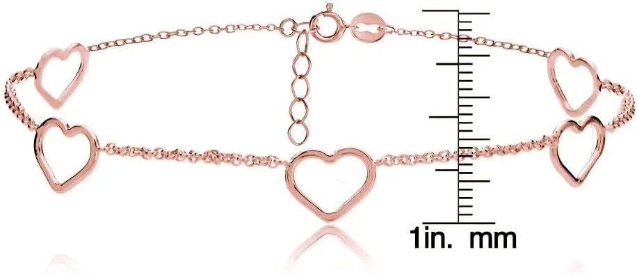 Hoops & Loops 925 Sterling Silver Open Hearts Chain Anklet for Women, Silver, Yellow Gold & Rose Gold