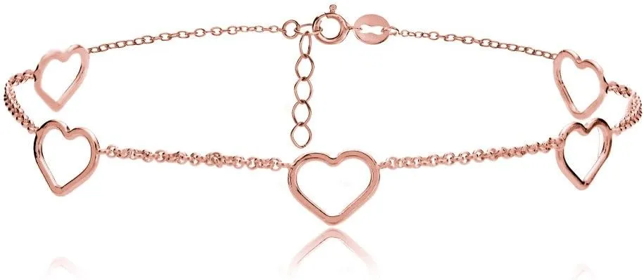 Hoops & Loops 925 Sterling Silver Open Hearts Chain Anklet for Women, Silver, Yellow Gold & Rose Gold