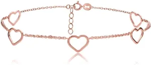 Hoops & Loops 925 Sterling Silver Open Hearts Chain Anklet for Women, Silver, Yellow Gold & Rose Gold