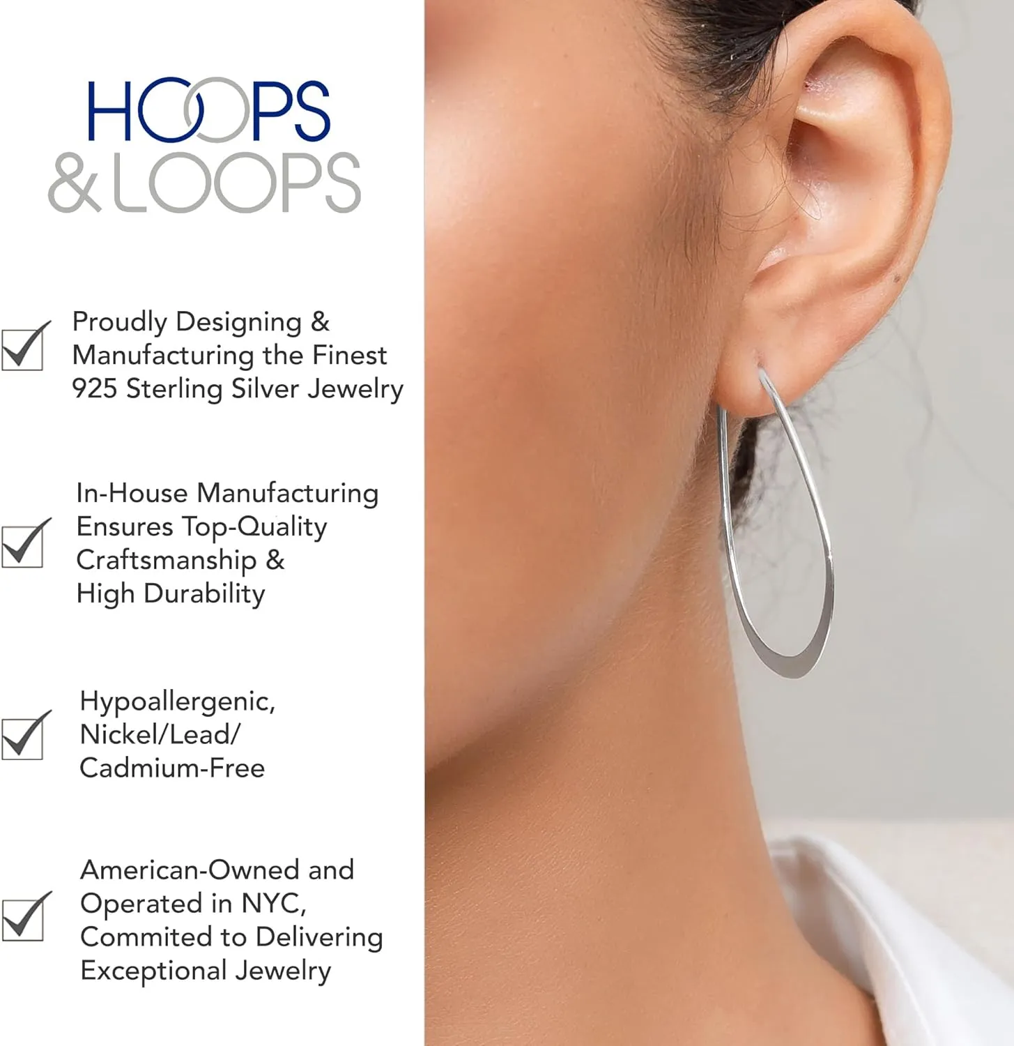 Hoops & Loops 925 Sterling Silver Oval Flat Thin Large 44mm (1.73 in) High Polished Lightweight Click-Top Hoop Earrings for Women, Yellow Gold, Rose Gold, Black