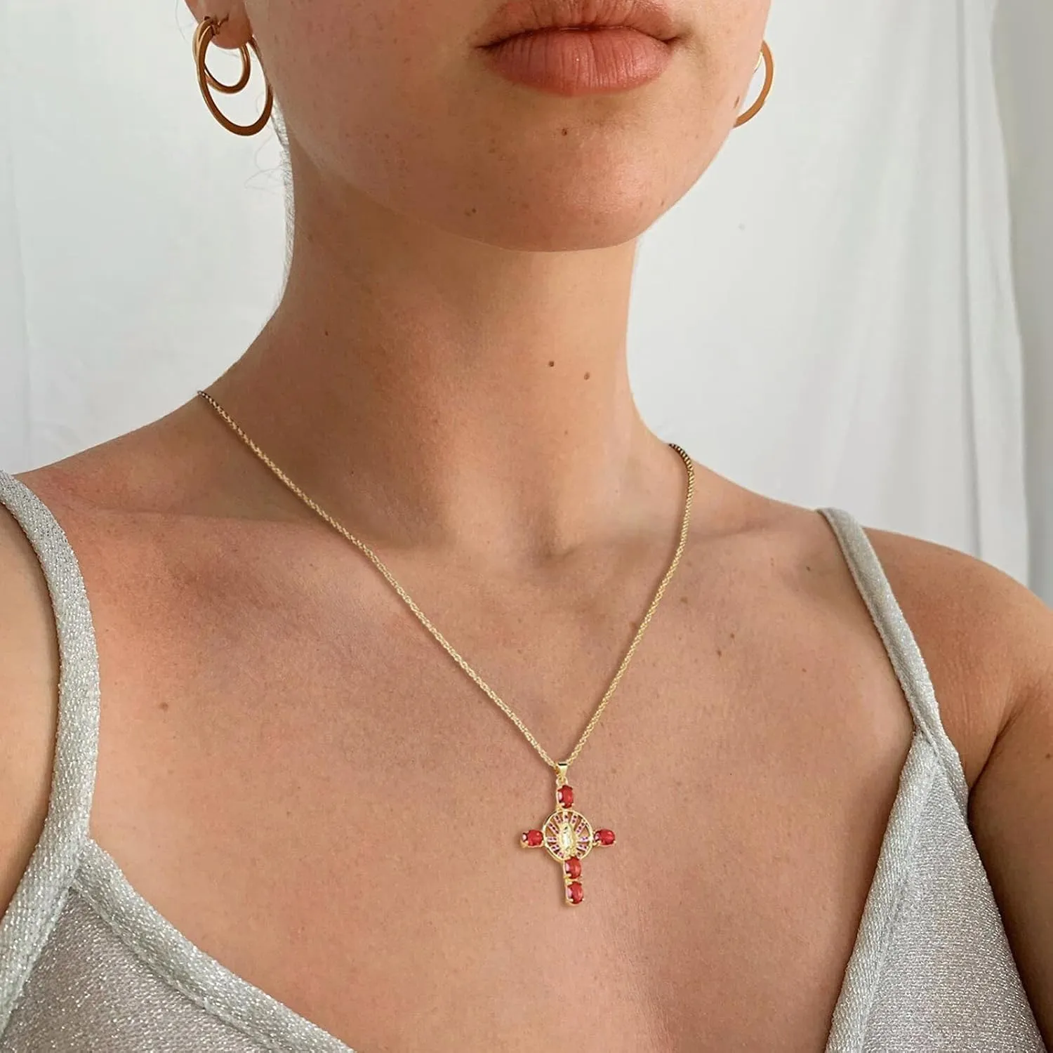 HZMAN Gold Cross Necklace for Women 18K Gold Plated Necklace Dainty Virgin Mary Cubic Zirconia Necklace Pendant Jewelry Gift