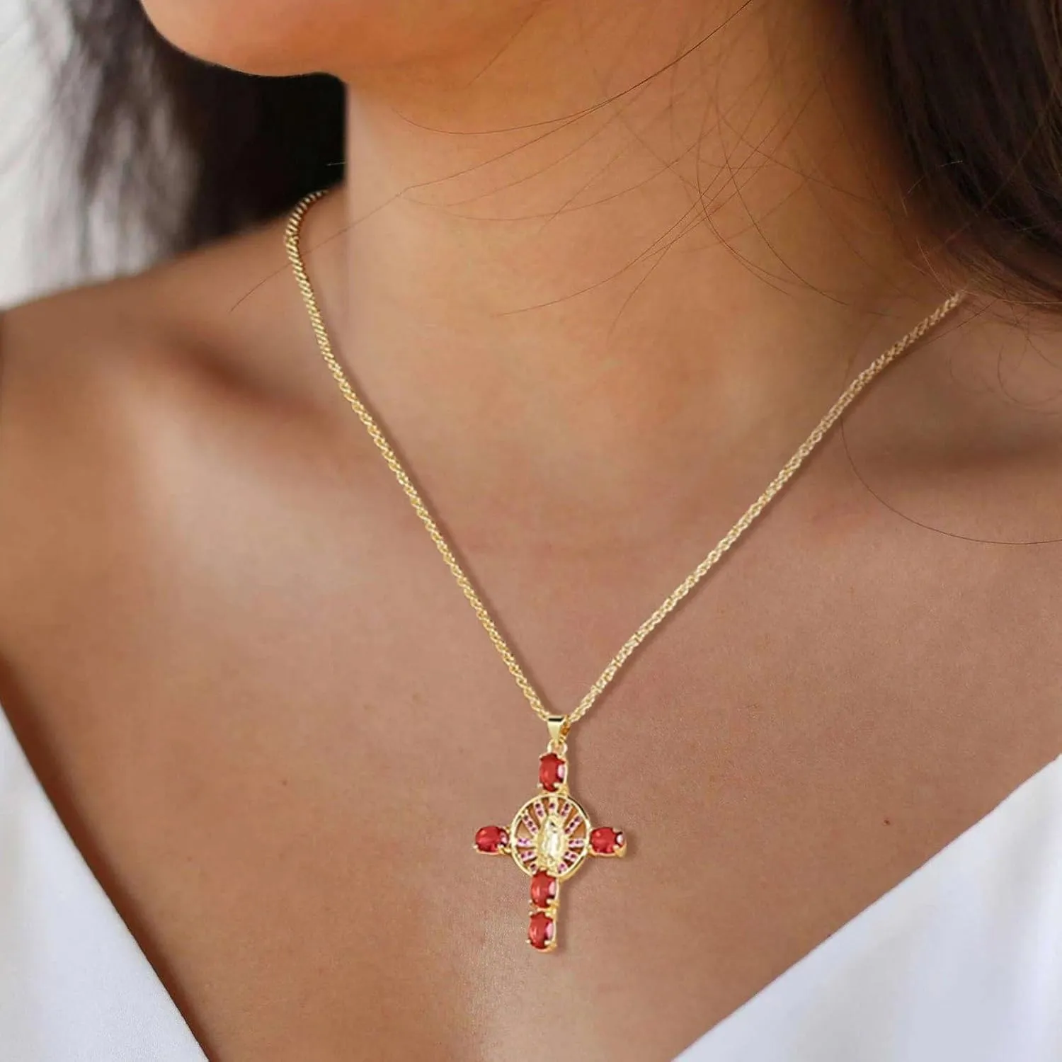HZMAN Gold Cross Necklace for Women 18K Gold Plated Necklace Dainty Virgin Mary Cubic Zirconia Necklace Pendant Jewelry Gift