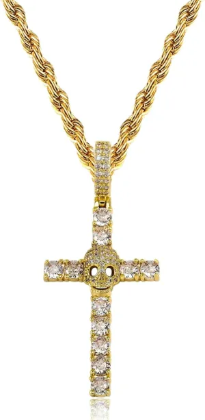 ICEDIAMOND 14K Gold Plating Skull Cross Iced Out Pendant with 20'' Rope Chain, Prong Set 5A Brilliant Cut CZ Diamond Charm Necklace for Men Women