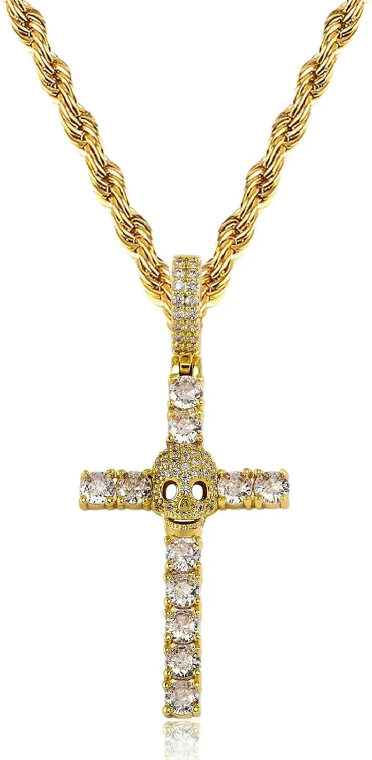 ICEDIAMOND 14K Gold Plating Skull Cross Iced Out Pendant with 20'' Rope Chain, Prong Set 5A Brilliant Cut CZ Diamond Charm Necklace for Men Women