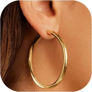 IDJEOABL 3mm Thick Gold Hoop Earrings 14k Gold Plated Chunky Large Big Hoops for Women Non Tarnish Lightweight Hollow Hoop Earrings Jewelry for Women Trendy 30/40/50/60/mm