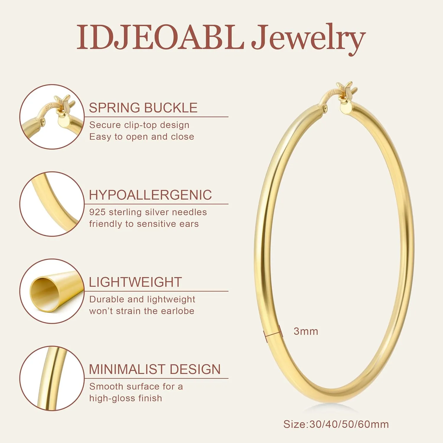 IDJEOABL 3mm Thick Gold Hoop Earrings 14k Gold Plated Chunky Large Big Hoops for Women Non Tarnish Lightweight Hollow Hoop Earrings Jewelry for Women Trendy 30/40/50/60/mm