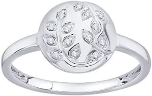 IGI Certified Diamond Accent Vine Leaf Engraved Circle Disc Fashion Ring in 10K White Gold (0.04 Cttw)