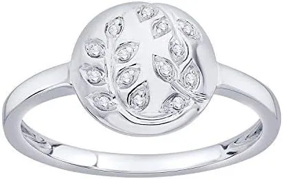 IGI Certified Diamond Accent Vine Leaf Engraved Circle Disc Fashion Ring in 10K White Gold (0.04 Cttw)