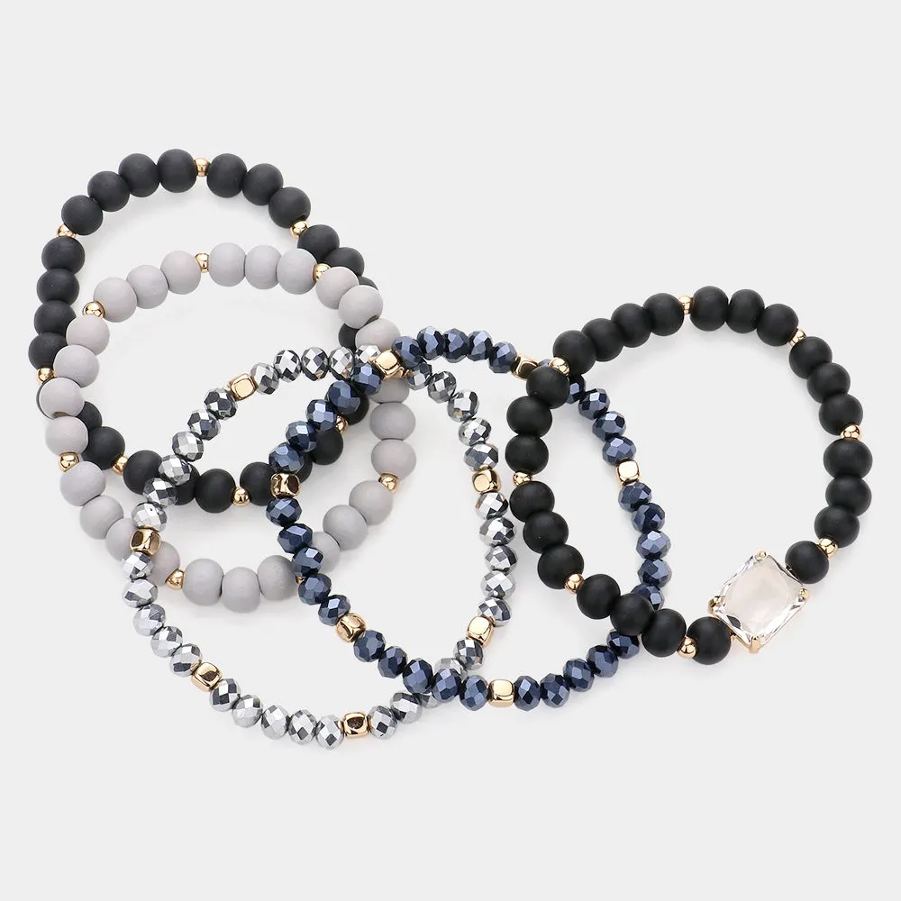 iLLASPARKZ 5PCS - Emerald Cut Stone Accented Wood Ball Faceted Beaded Stretch Bracelets
