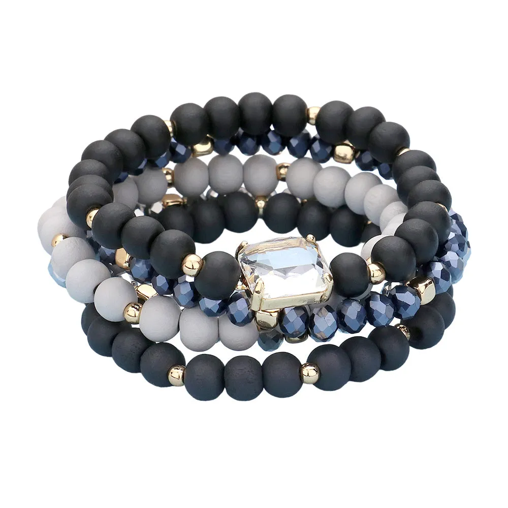 iLLASPARKZ 5PCS - Emerald Cut Stone Accented Wood Ball Faceted Beaded Stretch Bracelets