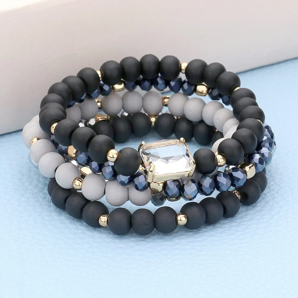 iLLASPARKZ 5PCS - Emerald Cut Stone Accented Wood Ball Faceted Beaded Stretch Bracelets