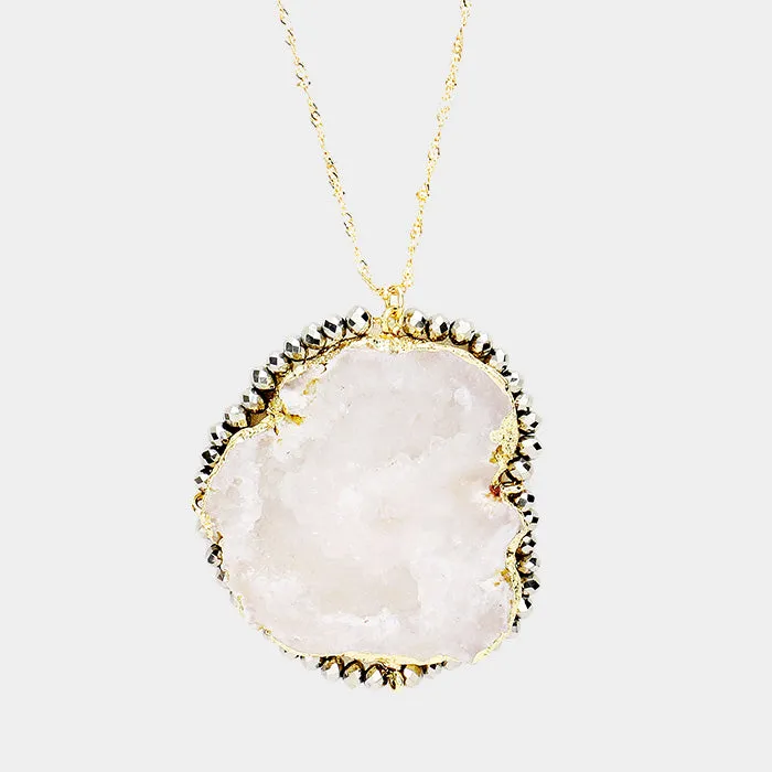 iLLASPARKZ Beaded Trim Genuine Druzy Pendant Long Necklace
