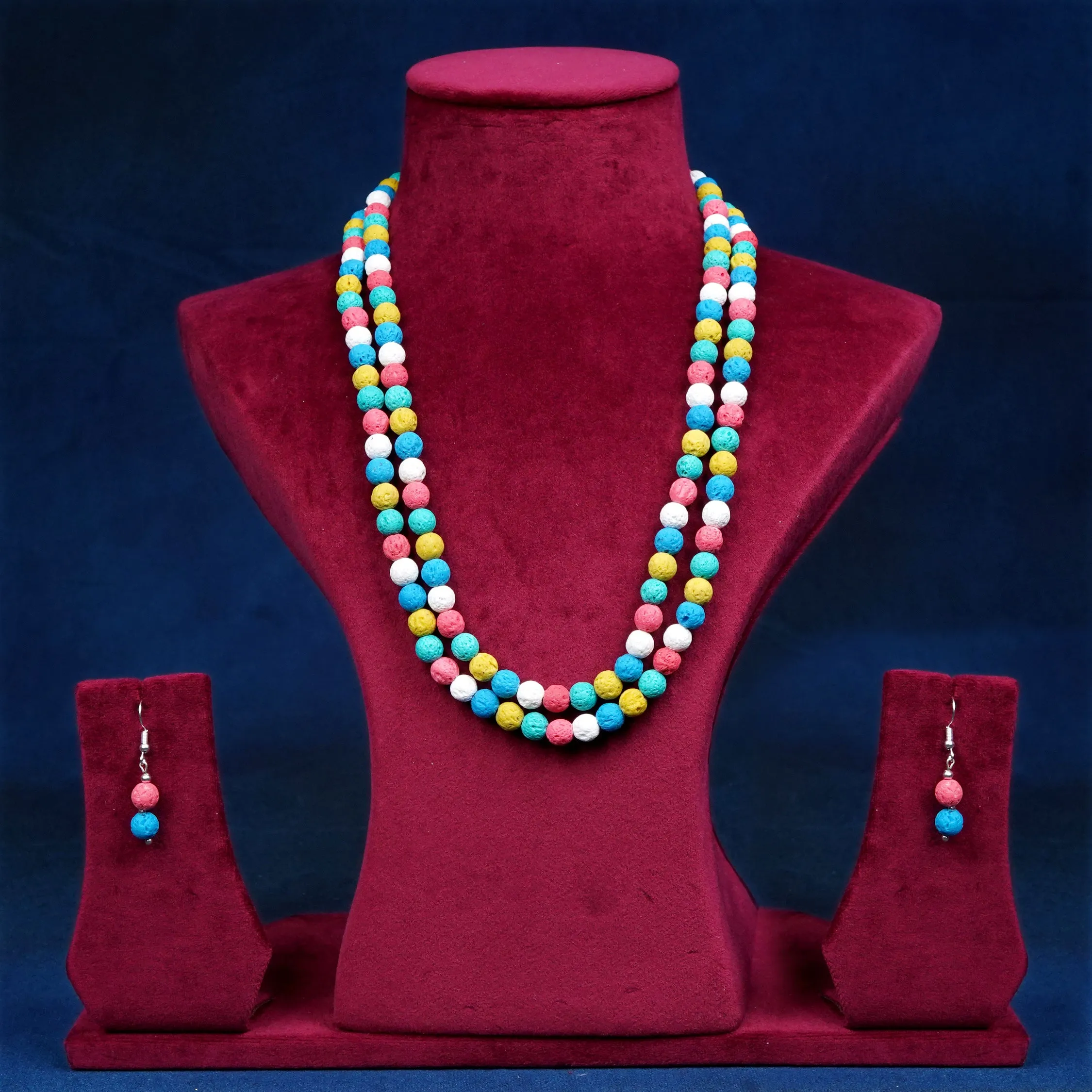 Imeora Multicolor MultiLava Beads Double Line Necklace With Earrings