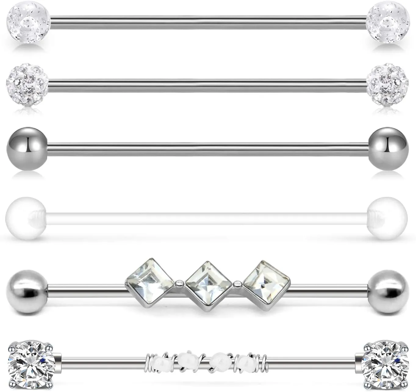 Incaton 14g Industrial Barbell Surgical Steel Cartilage Earrings CZ Industrial Earring Crystal Ferido Industrail Piercing 1 1/2"(38mm) Bar Length
