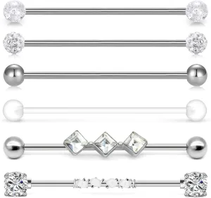 Incaton 14g Industrial Barbell Surgical Steel Cartilage Earrings CZ Industrial Earring Crystal Ferido Industrail Piercing 1 1/2"(38mm) Bar Length