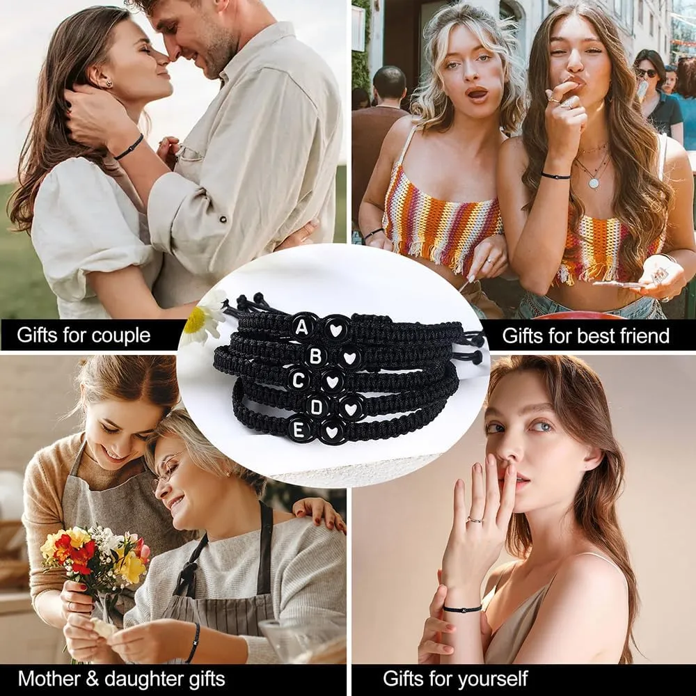 Initial Bracelet for Women Handmade Rope Braided Bracelet Black Heart Bracelet Adjustable Letter Bracelet Personalized A-Z Braided Bracelet Birthday Gifts for Teen Girls