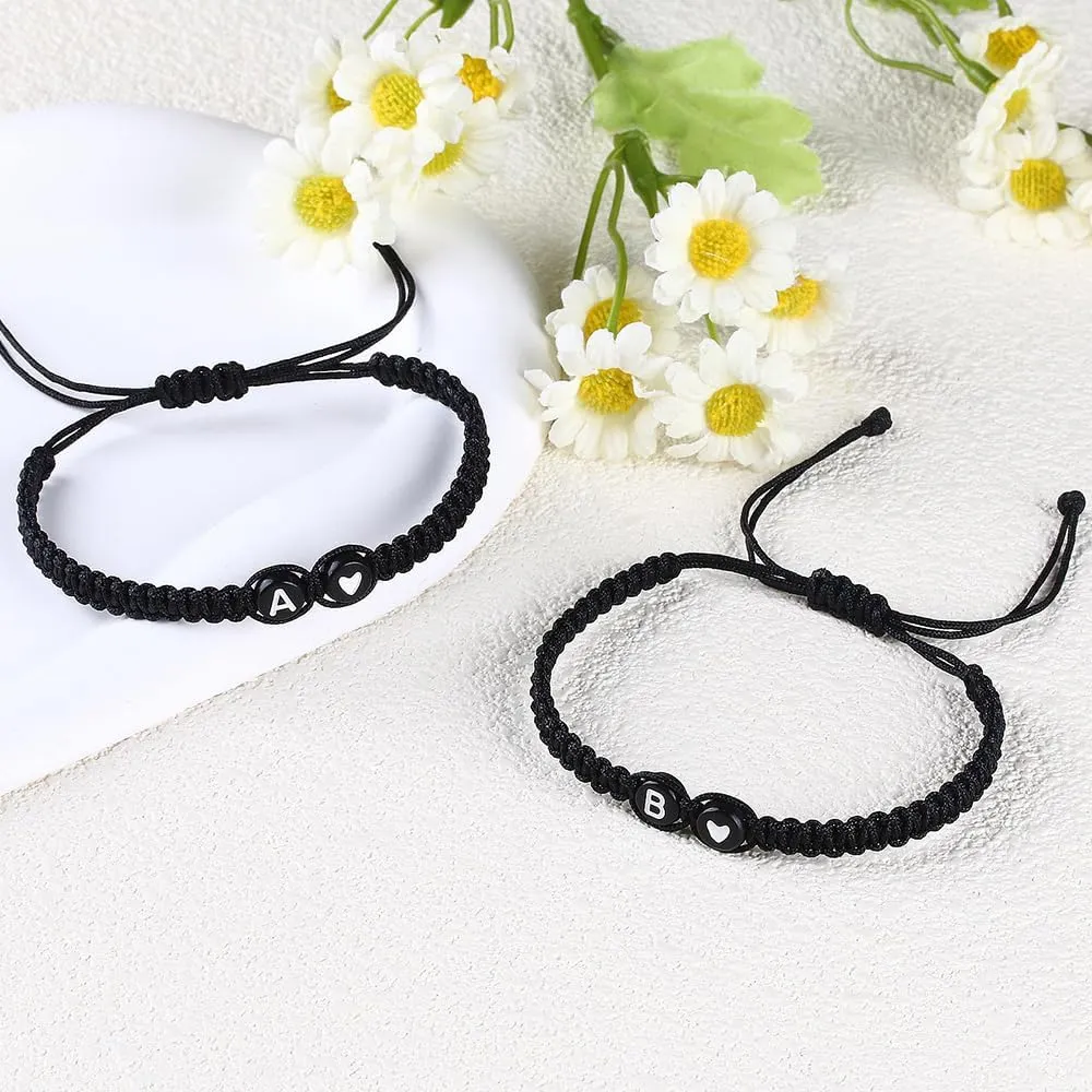 Initial Bracelet for Women Handmade Rope Braided Bracelet Black Heart Bracelet Adjustable Letter Bracelet Personalized A-Z Braided Bracelet Birthday Gifts for Teen Girls