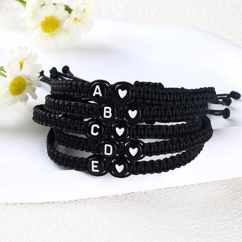Initial Bracelet for Women Handmade Rope Braided Bracelet Black Heart Bracelet Adjustable Letter Bracelet Personalized A-Z Braided Bracelet Birthday Gifts for Teen Girls