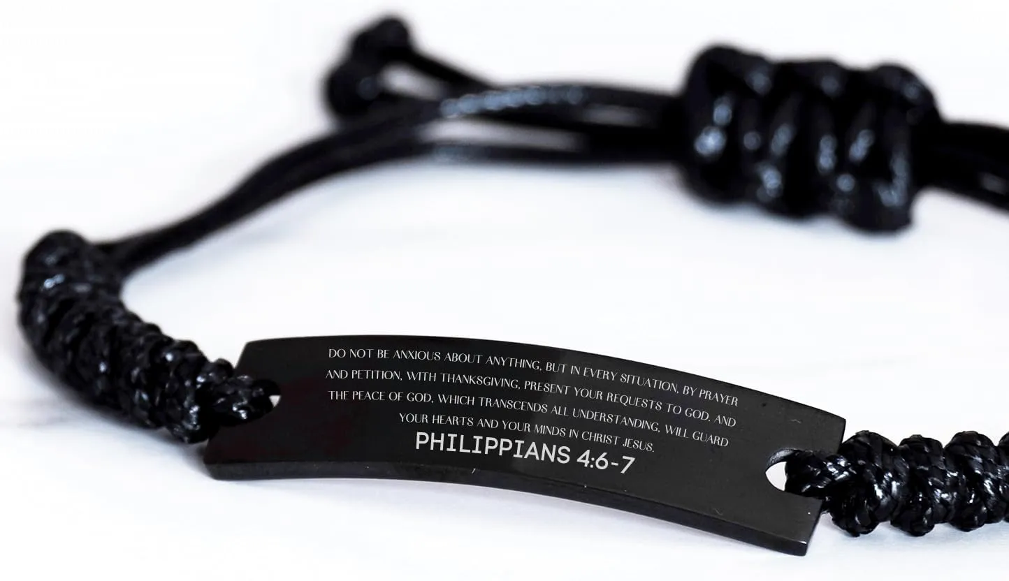 Inspirational Philippians 4:6-7 Christian Black Rop Bracelet Encouragement Gifts Message Prayer Philippians 4:6-7 Religious Bracelets for Women Men Philippians 4:6-7 Bible Verse Faith Adjustable