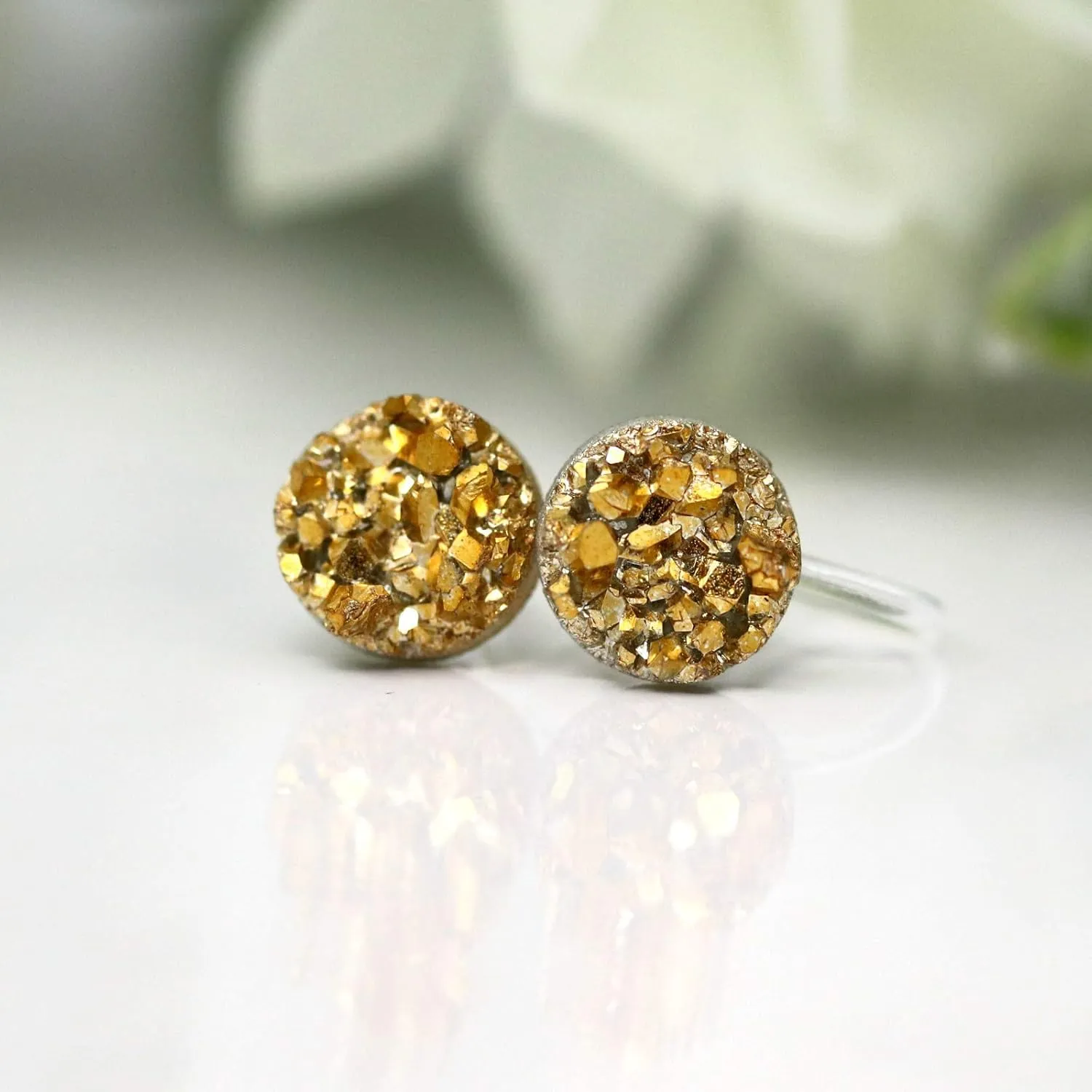 Invisible Clip On Faux Druzy Earrings for Non-Pierced Ears 8mm (Gold)