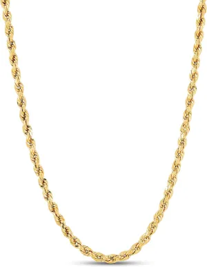 Italian 14K Solid Yellow Gold Rope Chain Necklace for Men & Women Radiant Diamond Cut with Lobster Claw Clasp 14K Real Gold Jewelry (1.5mm, 2mm, 2.3mm, 2.5mm, 3mm, 3.5mm, 4mm)