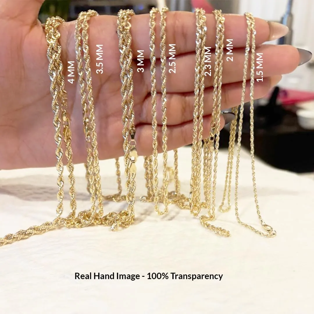 Italian 14K Solid Yellow Gold Rope Chain Necklace for Men & Women Radiant Diamond Cut with Lobster Claw Clasp 14K Real Gold Jewelry (1.5mm, 2mm, 2.3mm, 2.5mm, 3mm, 3.5mm, 4mm)