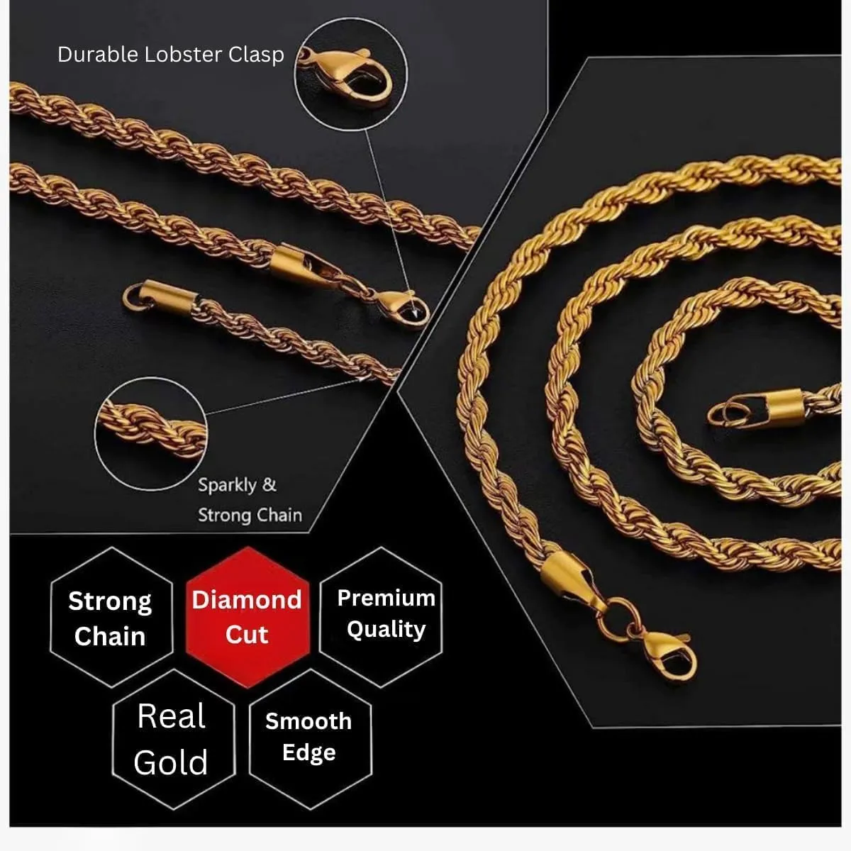 Italian 14K Solid Yellow Gold Rope Chain Necklace for Men & Women Radiant Diamond Cut with Lobster Claw Clasp 14K Real Gold Jewelry (1.5mm, 2mm, 2.3mm, 2.5mm, 3mm, 3.5mm, 4mm)
