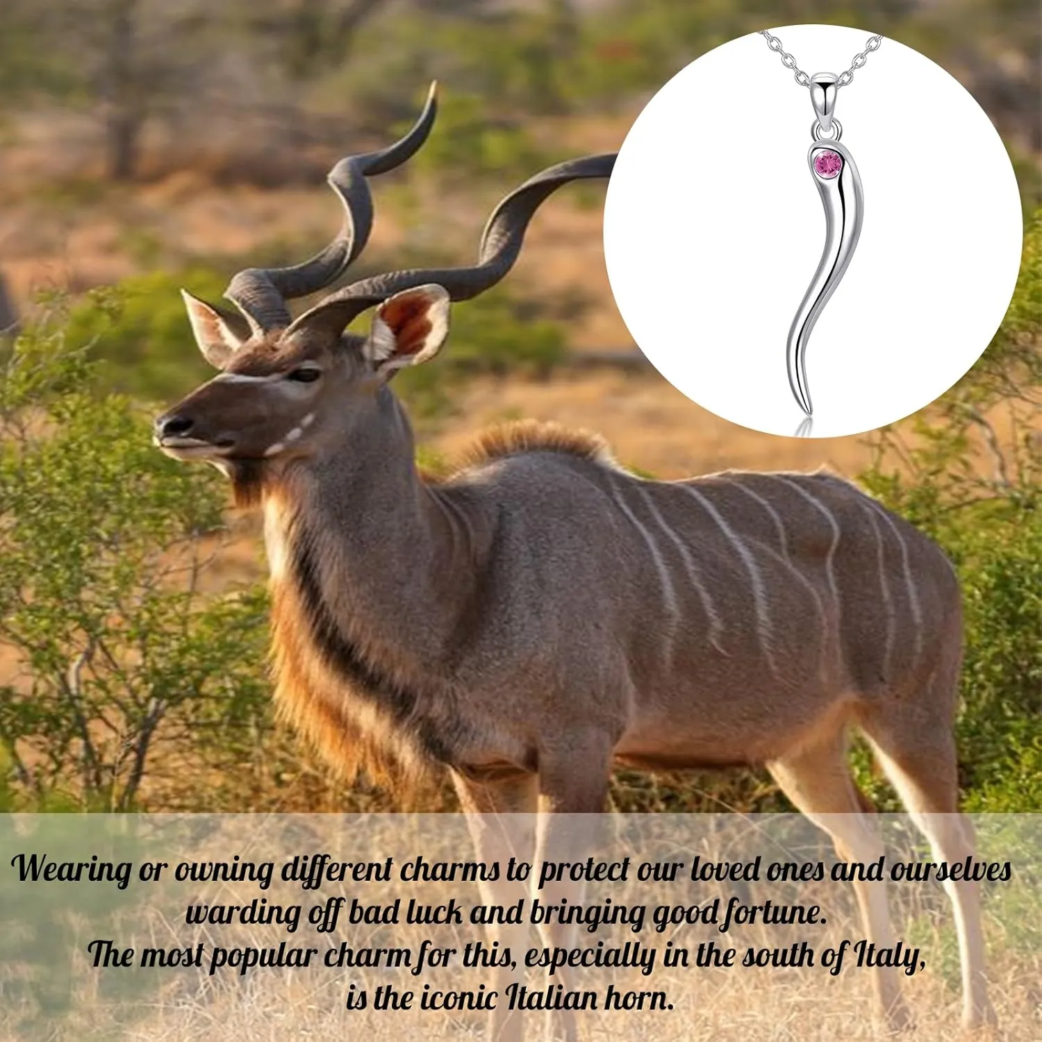 Italian Horn Pendant Necklace for Women - Silver Horn Pendant with Jan-Dec Simulated Birthstone - Protection Amulet Jewelry Gift Box