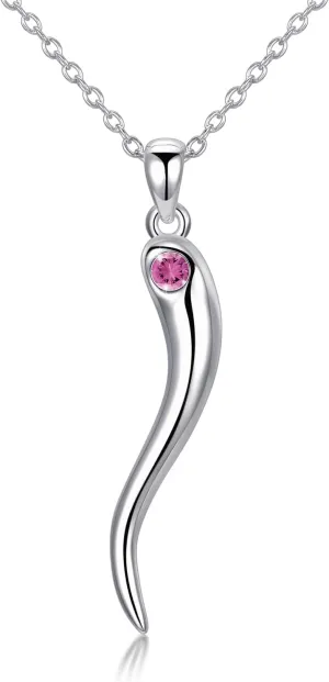 Italian Horn Pendant Necklace for Women - Silver Horn Pendant with Jan-Dec Simulated Birthstone - Protection Amulet Jewelry Gift Box