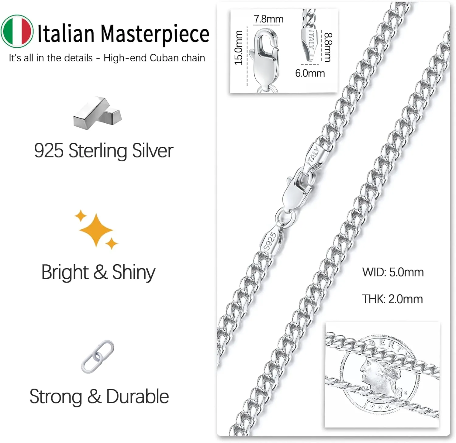 Italian Solid 18k Gold Over 925 Sterling Silver Chain Necklace for Men Women, 3.5mm, 5mm Diamond Cut Cuban Link Chain, Sturdy & Shiny & Not Easy to Fade & Comfortable 16 18 20 22 24 26 Inch