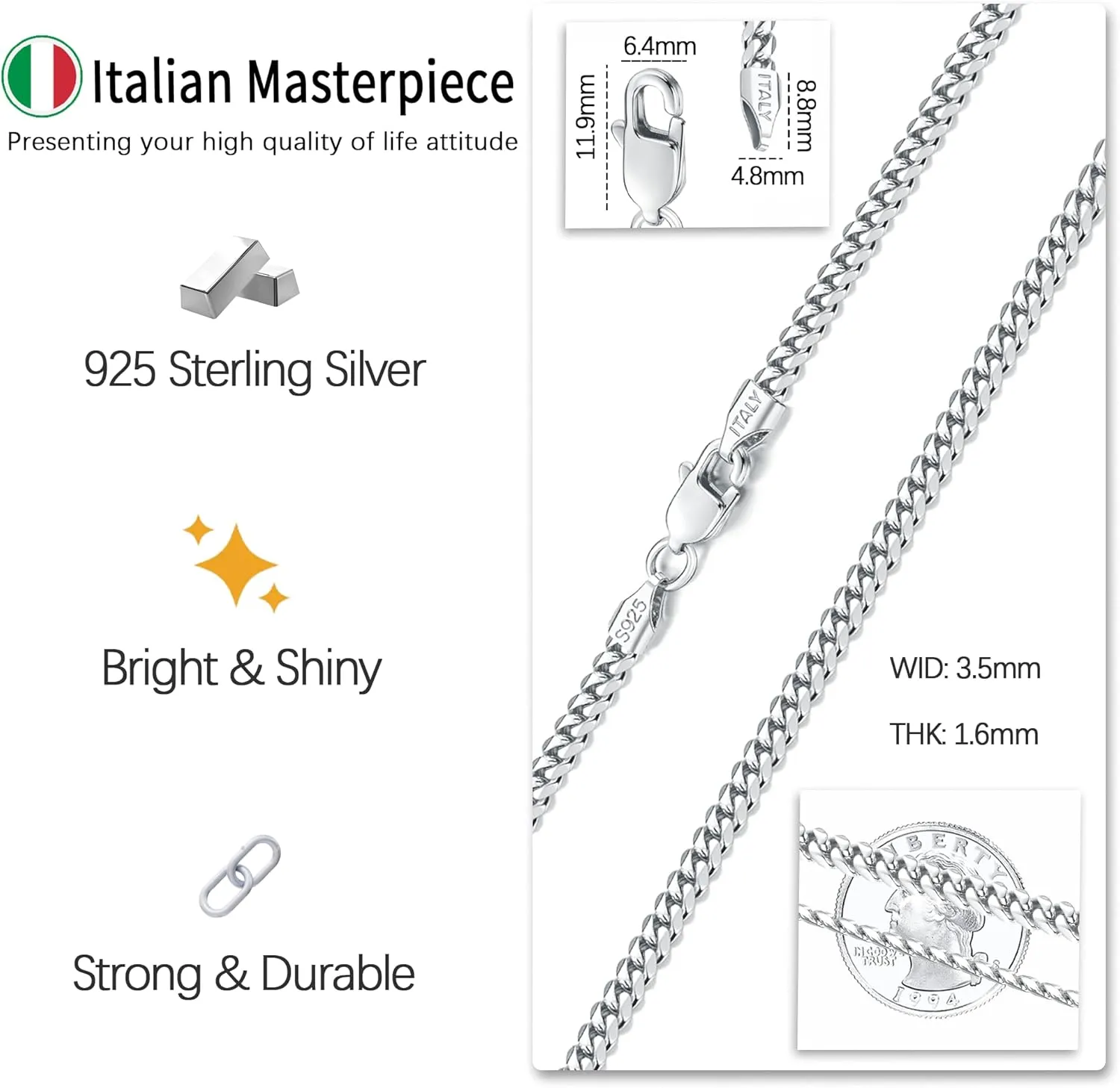 Italian Solid 18k Gold Over 925 Sterling Silver Chain Necklace for Men Women, 3.5mm, 5mm Diamond Cut Cuban Link Chain, Sturdy & Shiny & Not Easy to Fade & Comfortable 16 18 20 22 24 26 Inch