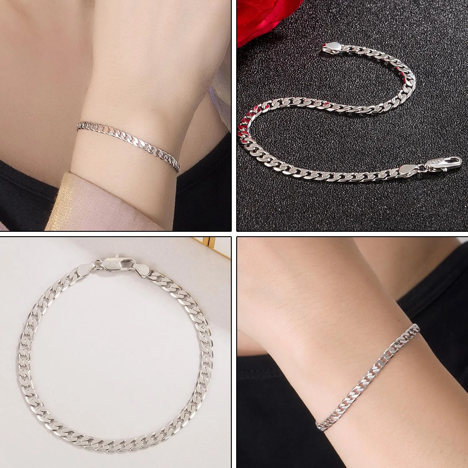 Italy 925 Sterling Silver Men Bracelet 3-4-5MM Diamond Cut Cuban Link Chain 5.9 "6.3" 7" 7.5" 8" 8.5" 9" Fine Cuff Jewelry Gifts For Women