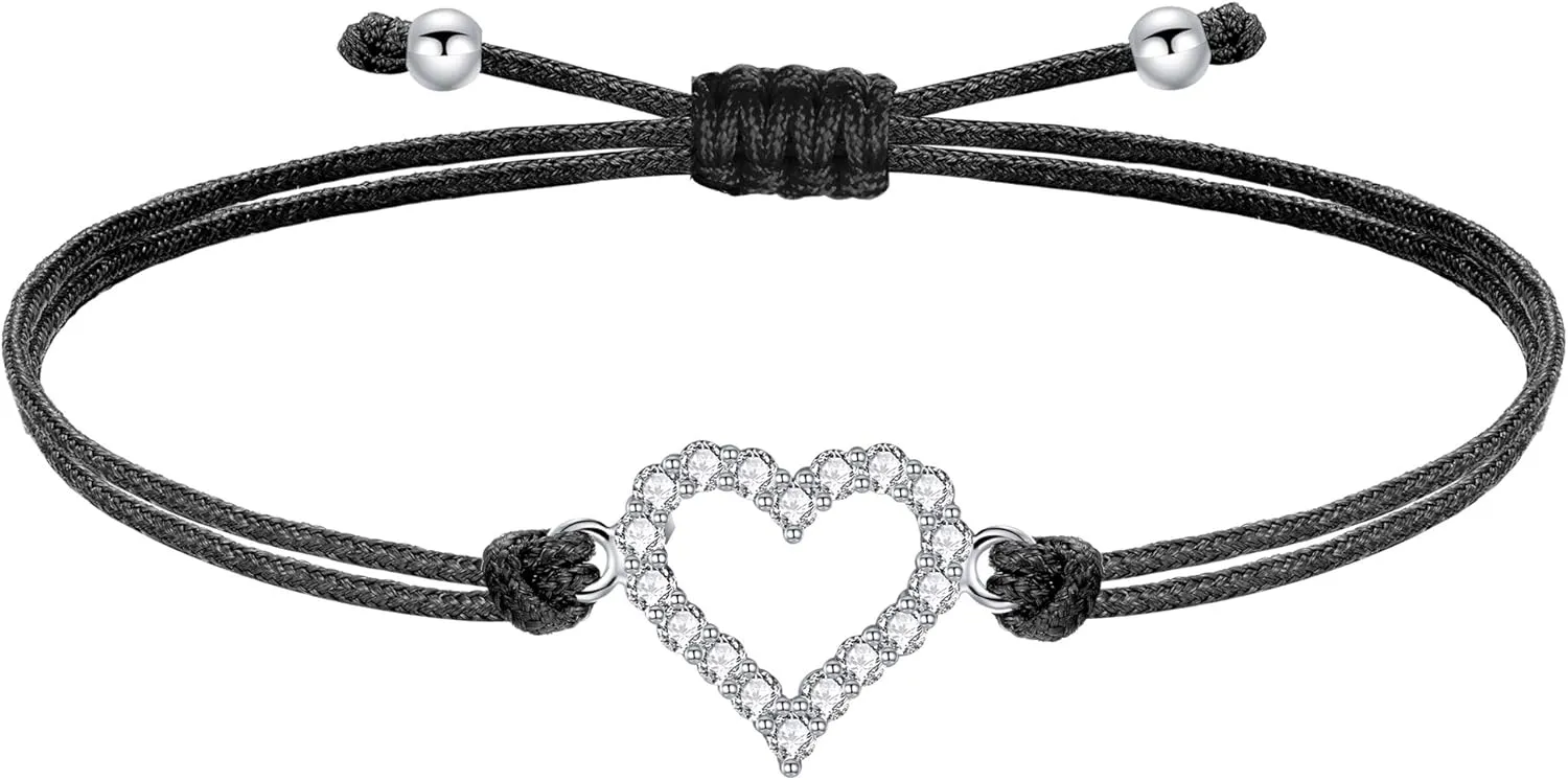 J.Endar Heart Bracelet for Daughters Niece, Sterling Silver 925 Bracelet with Brilliant Zirconia, Black Filigree Cord Handmade Bracelet, Jewelry Gift for Granddaughter