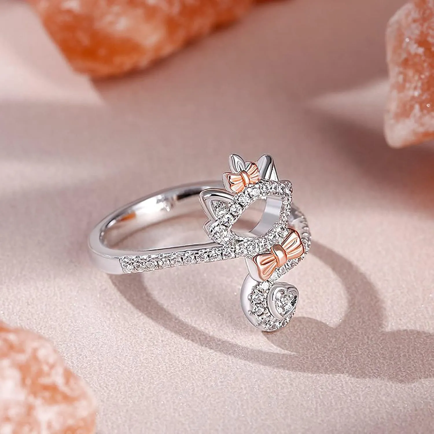 Jeulia Pear Cut Cute Cat Wrap Ring: Sterling Silver Rhinestones Animal Ring Band for Women Lovely Cat Tail Wedding Anniversary Christmas Birthday Jewelry with Gift Box