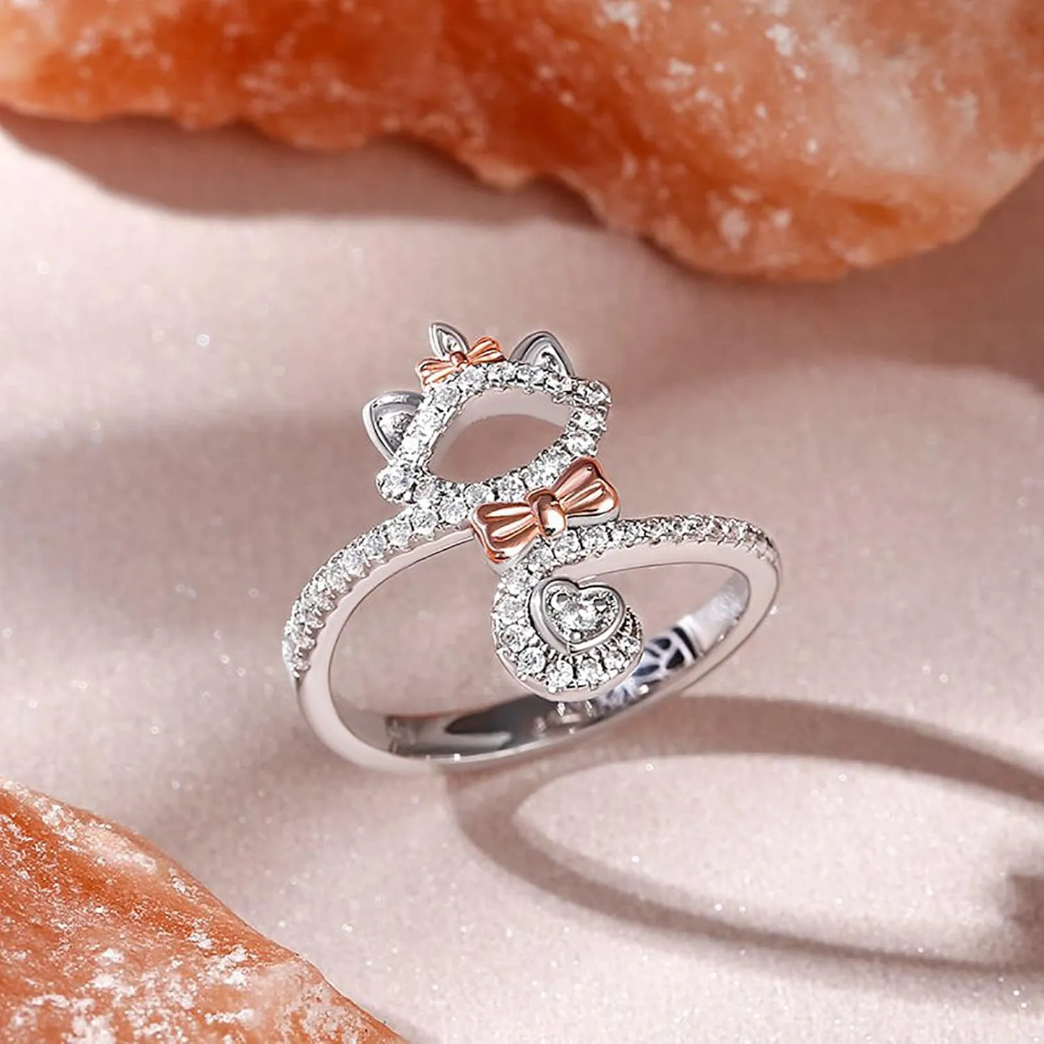 Jeulia Pear Cut Cute Cat Wrap Ring: Sterling Silver Rhinestones Animal Ring Band for Women Lovely Cat Tail Wedding Anniversary Christmas Birthday Jewelry with Gift Box
