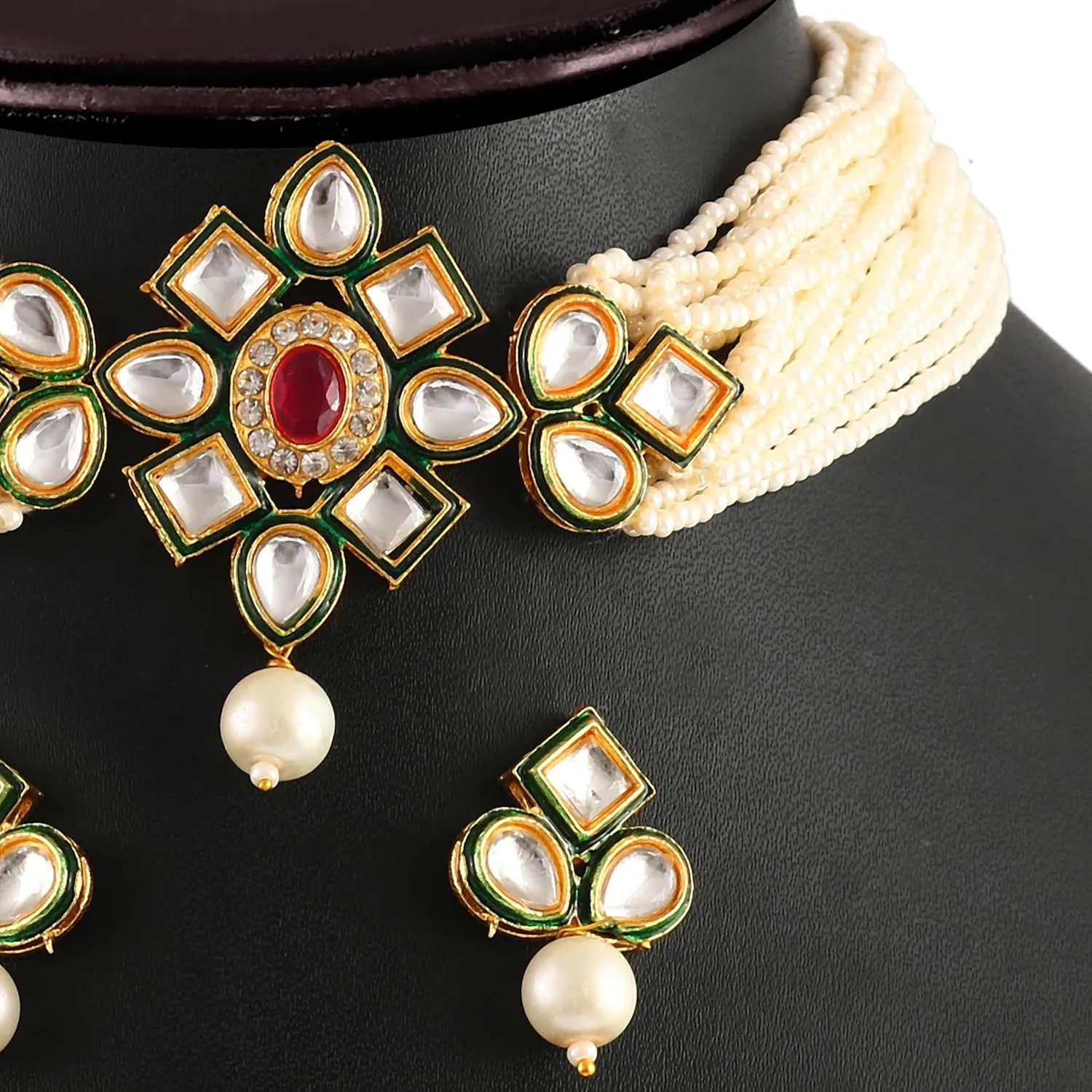 JewarHaat Indian Bollywood Necklace Set Crystal Layered Gold Plated Pearl Ad Cz Choker Gold Tone Meena Work With Matching Earrings Jewelry For Women