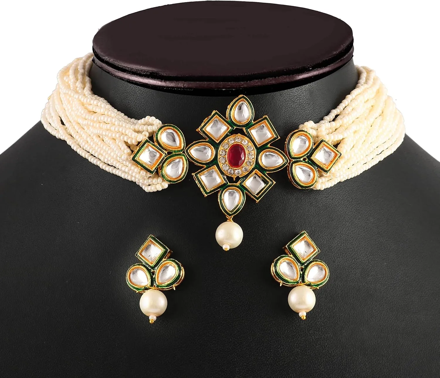 JewarHaat Indian Bollywood Necklace Set Crystal Layered Gold Plated Pearl Ad Cz Choker Gold Tone Meena Work With Matching Earrings Jewelry For Women