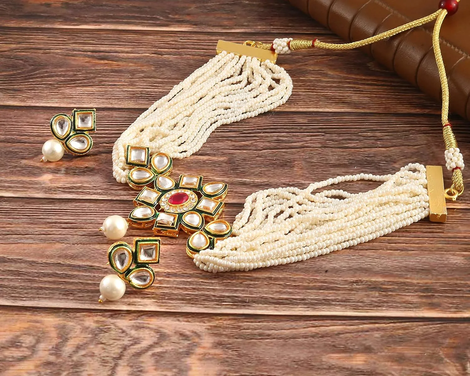 JewarHaat Indian Bollywood Necklace Set Crystal Layered Gold Plated Pearl Ad Cz Choker Gold Tone Meena Work With Matching Earrings Jewelry For Women