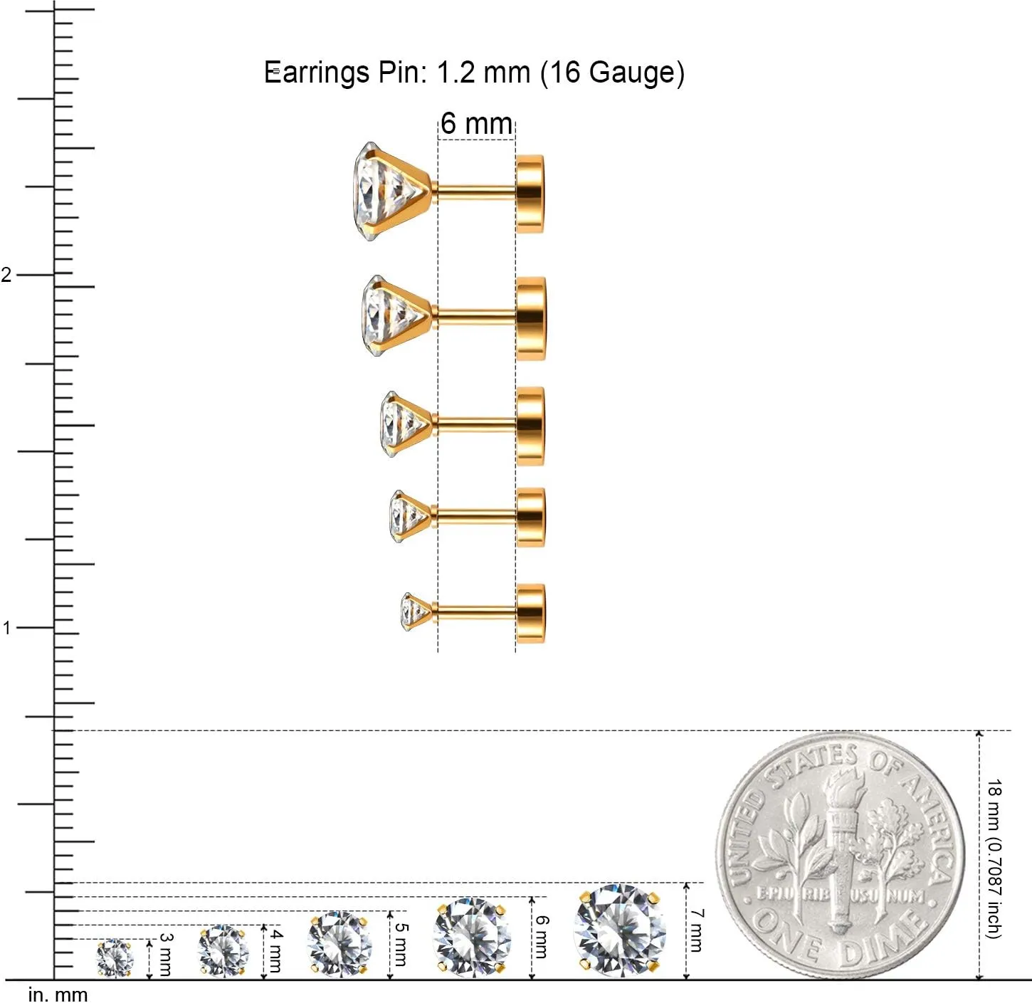 JewelrieShop Cartilage Tragus Earring Stainless Steel Stud Piercing Earring Flat Back Earrings Stud Flatback Screw Back Earrings for Women Men (16G, 6mm Bar Length, 3mm-7mm CZ, 5 Pairs)