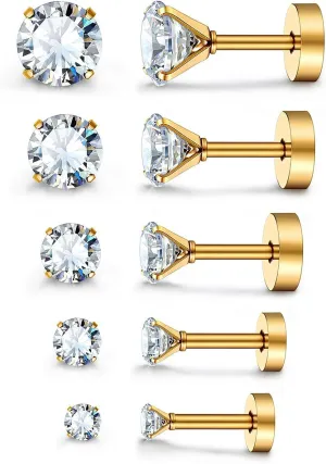 JewelrieShop Cartilage Tragus Earring Stainless Steel Stud Piercing Earring Flat Back Earrings Stud Flatback Screw Back Earrings for Women Men (16G, 6mm Bar Length, 3mm-7mm CZ, 5 Pairs)