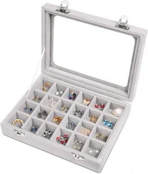 Jewelry Box 24 Grid Velvet Jewelry Tray for Drawers Glass Clear Lid Showcase Display Storage Ring Trays Holder Earrings Organizer Case(Grey)