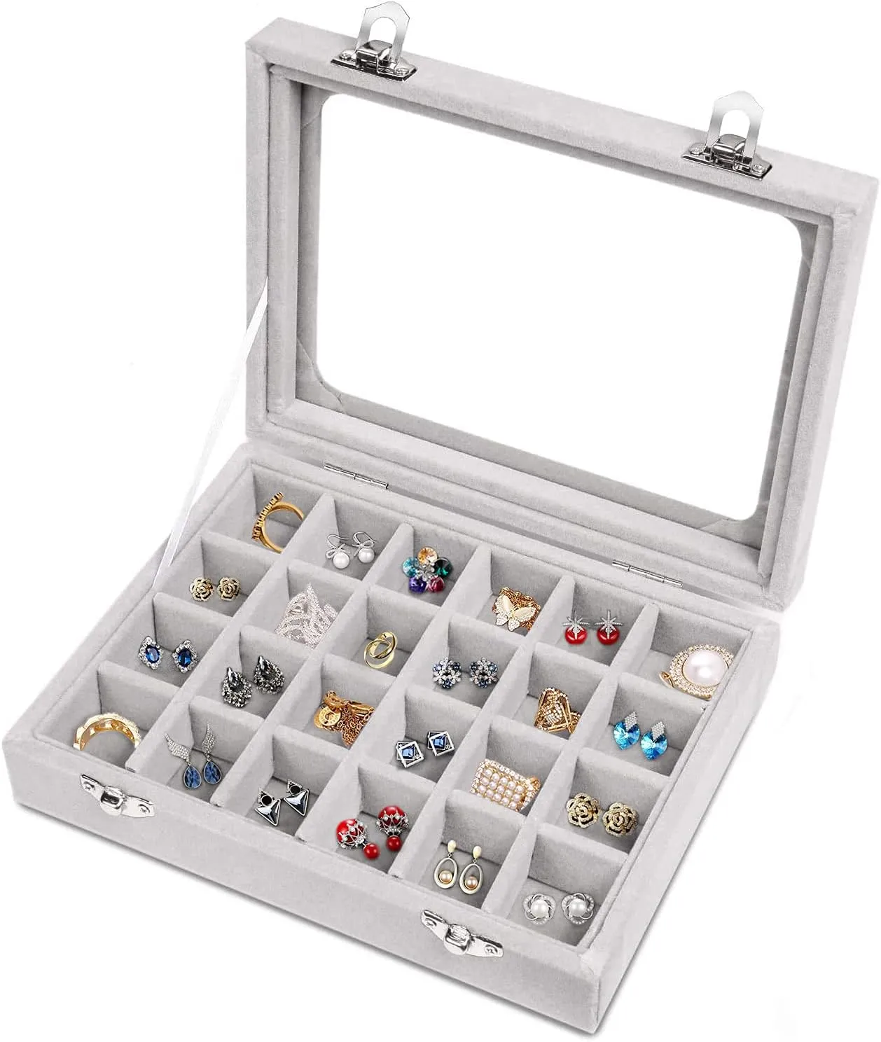 Jewelry Box 24 Grid Velvet Jewelry Tray for Drawers Glass Clear Lid Showcase Display Storage Ring Trays Holder Earrings Organizer Case(Grey)