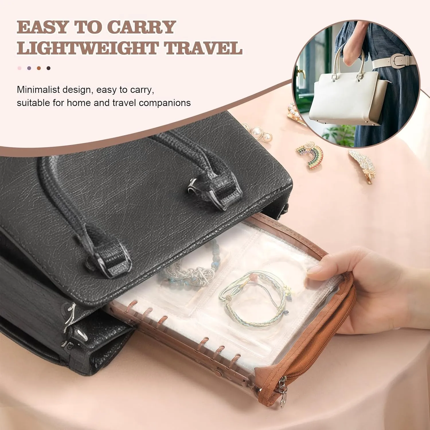 Jewelry Organizer Book clear Bracelet Organizer Travel Jewelry Storage Book for Earrings Necklace Bracelet Ring with Clear Zippered Pouch, Light Brown