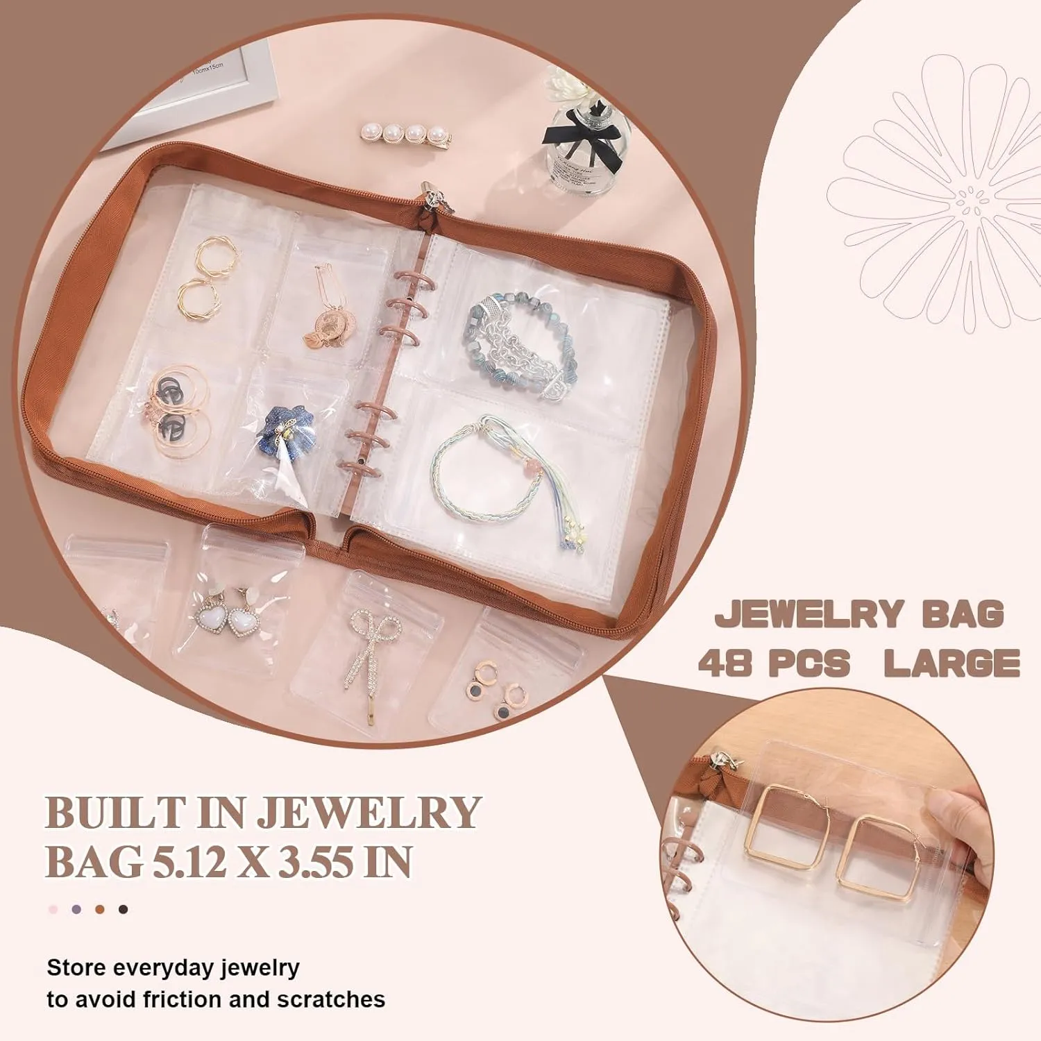 Jewelry Organizer Book clear Bracelet Organizer Travel Jewelry Storage Book for Earrings Necklace Bracelet Ring with Clear Zippered Pouch, Light Brown