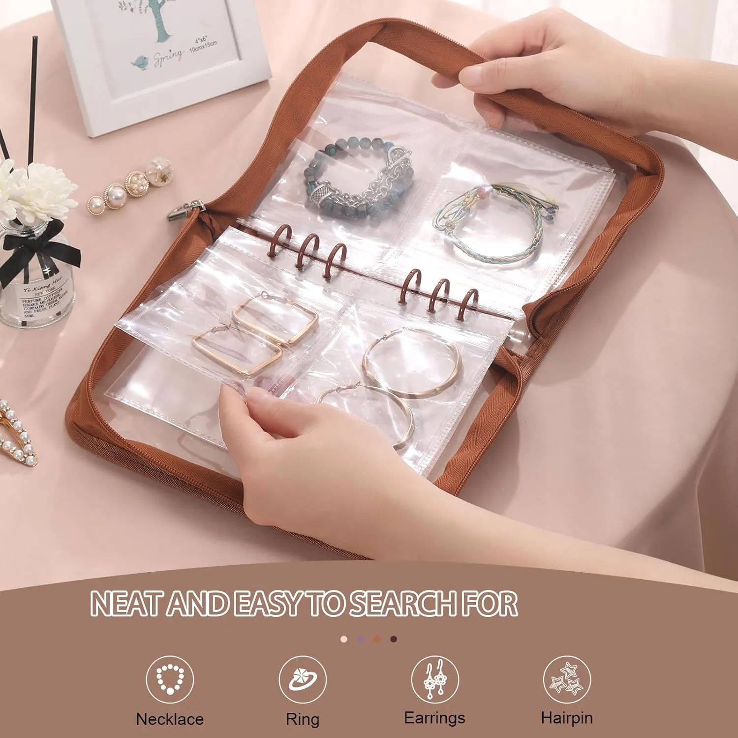 Jewelry Organizer Book clear Bracelet Organizer Travel Jewelry Storage Book for Earrings Necklace Bracelet Ring with Clear Zippered Pouch, Light Brown