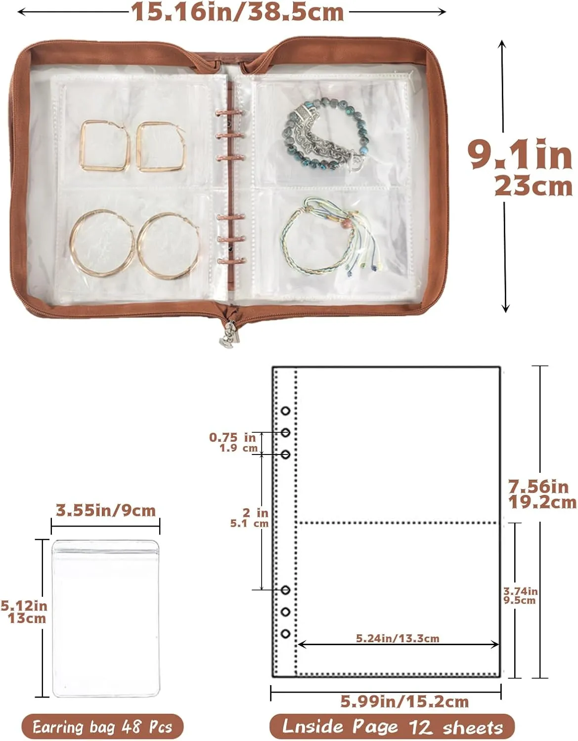 Jewelry Organizer Book clear Bracelet Organizer Travel Jewelry Storage Book for Earrings Necklace Bracelet Ring with Clear Zippered Pouch, Light Brown