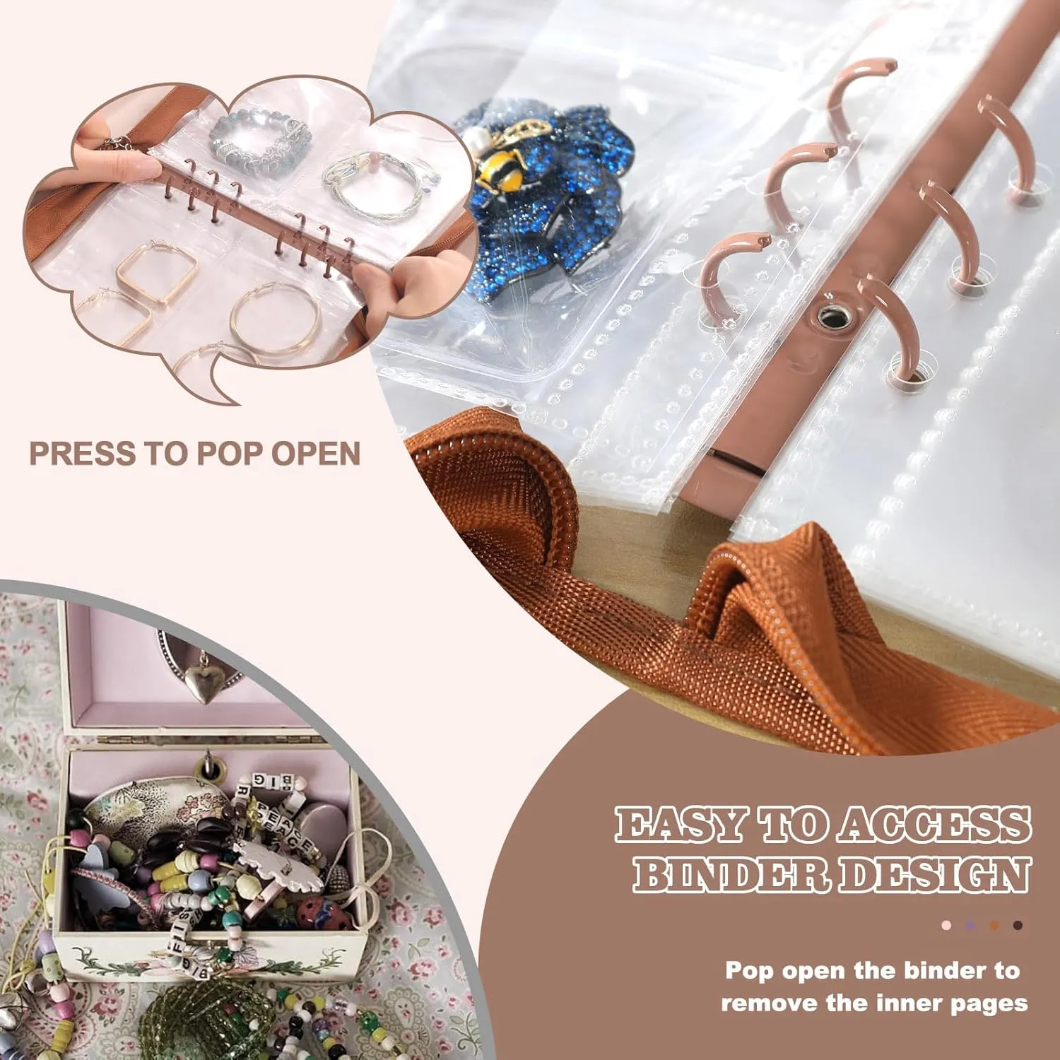 Jewelry Organizer Book clear Bracelet Organizer Travel Jewelry Storage Book for Earrings Necklace Bracelet Ring with Clear Zippered Pouch, Light Brown