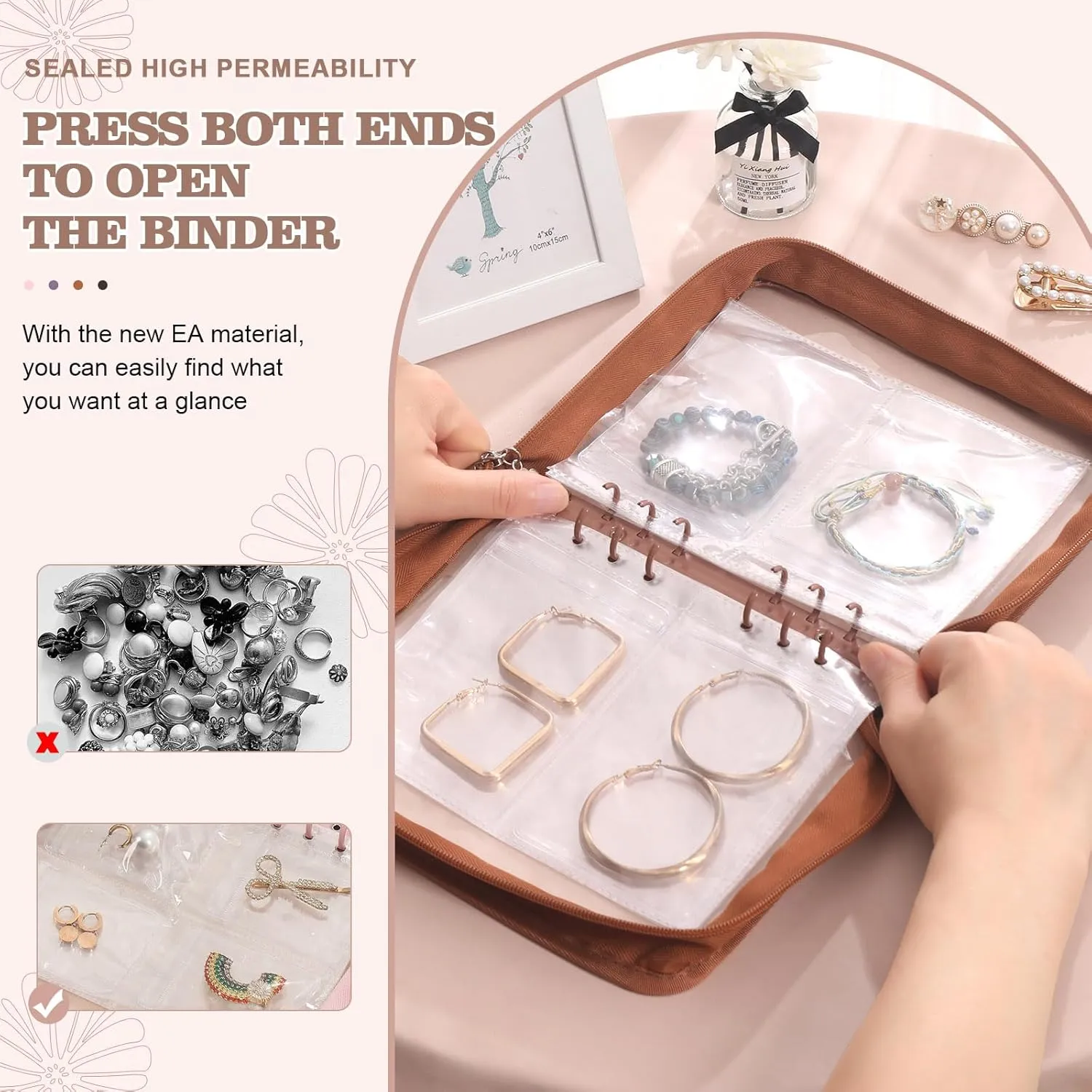 Jewelry Organizer Book clear Bracelet Organizer Travel Jewelry Storage Book for Earrings Necklace Bracelet Ring with Clear Zippered Pouch, Light Brown