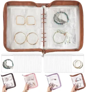 Jewelry Organizer Book clear Bracelet Organizer Travel Jewelry Storage Book for Earrings Necklace Bracelet Ring with Clear Zippered Pouch, Light Brown